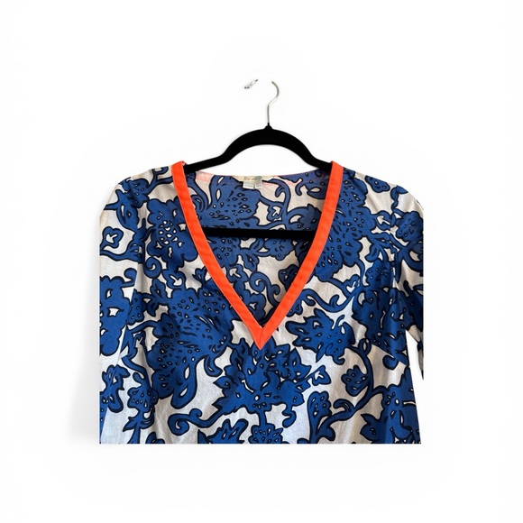 Blue Floral Tunic Orange Trim Light Weight 100% Cotton US Size 4 Beach Cover Up - Picture 3 of 15